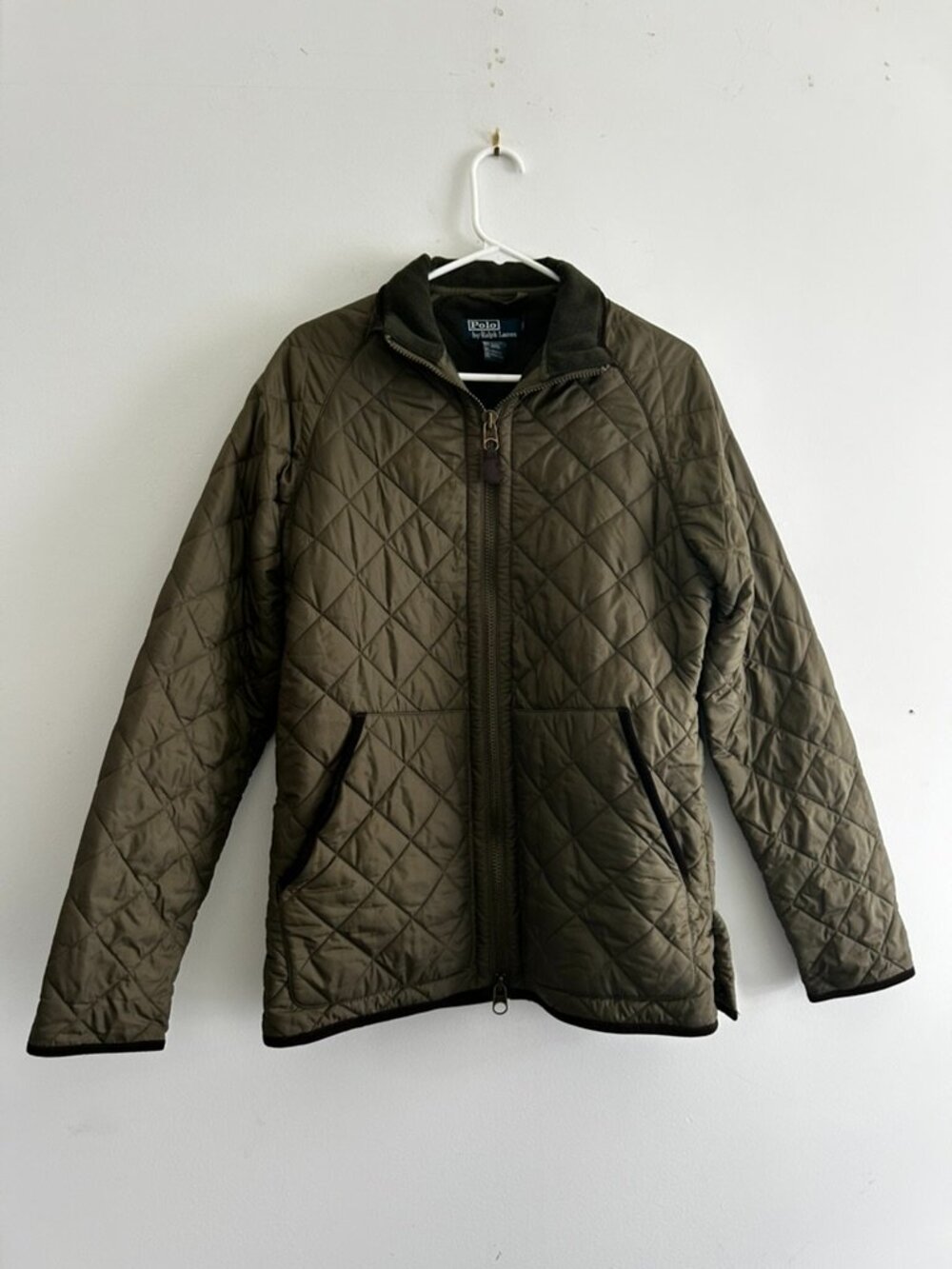 VTG Polo Ralph Lauren Quilted Jacket Large Olive Green Leather Trim Coat